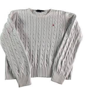 Ralph Lauren Cable Knit Sweater White Cotton Crewneck Pony Logo XL